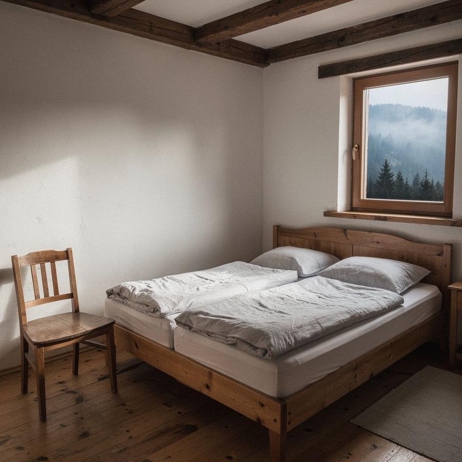Guesthouse room with timber walls, a made double bed and a window looking onto a Carpathian ridge