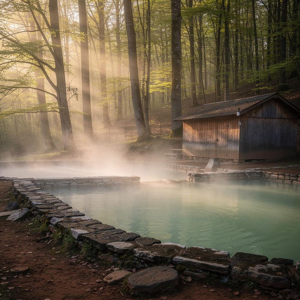 Steam rising from a thermal bathing pool in the Zakarpattia foothills